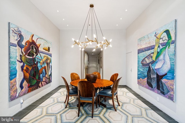 tiled dining space with a notable chandelier