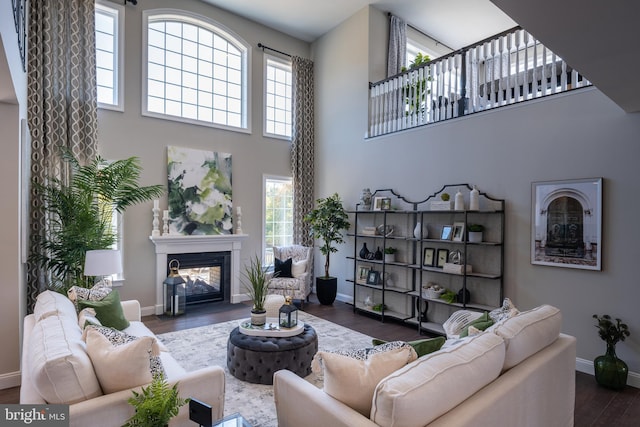 living room with a high ceiling, a healthy amount of sunlight, and dark hardwood / wood-style flooring