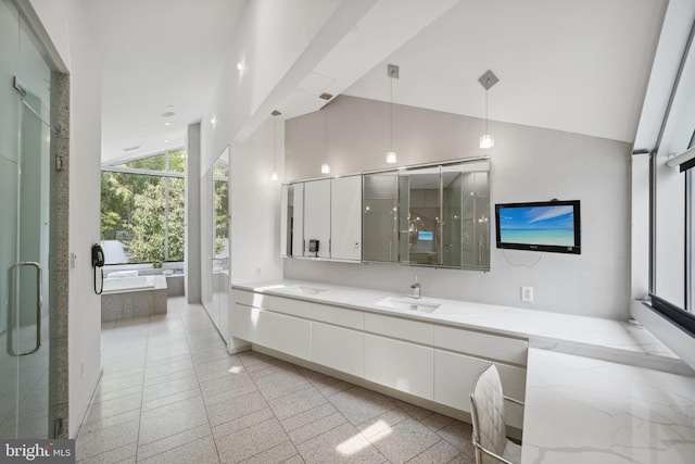 bathroom featuring vanity and separate shower and tub