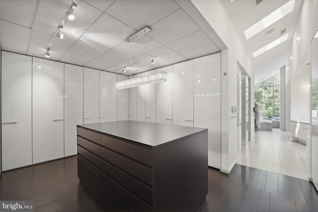 walk in closet with a skylight and dark tile patterned flooring