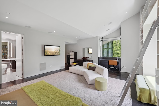 living room featuring dark wood-type flooring and lofted ceiling