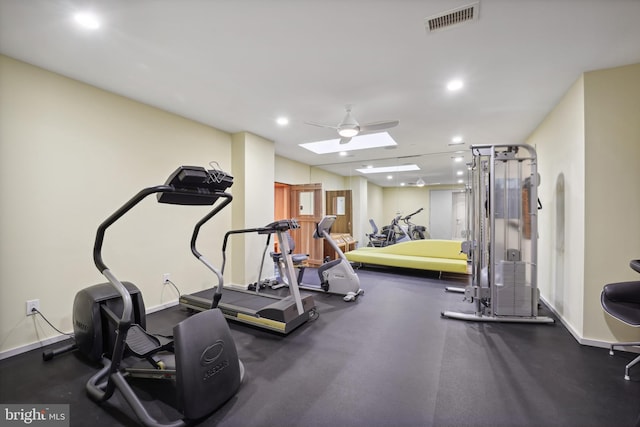 workout area with a skylight and ceiling fan