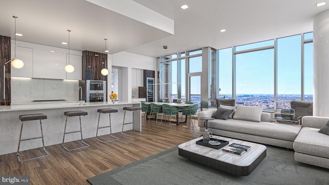 living room featuring floor to ceiling windows, dark hardwood / wood-style floors, and sink