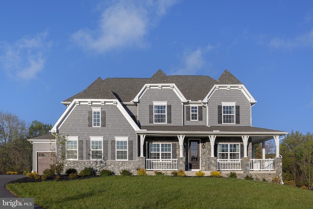 view of front facade with a front lawn, covered porch, and a garage