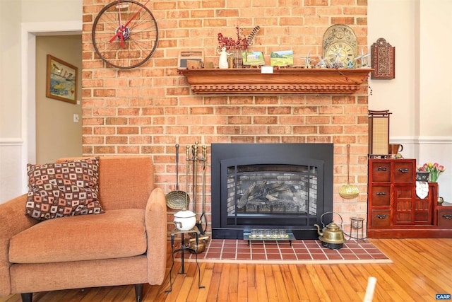 living room featuring a fireplace and wood-type flooring