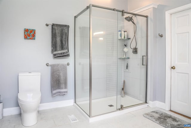 bathroom with walk in shower, tile flooring, and toilet