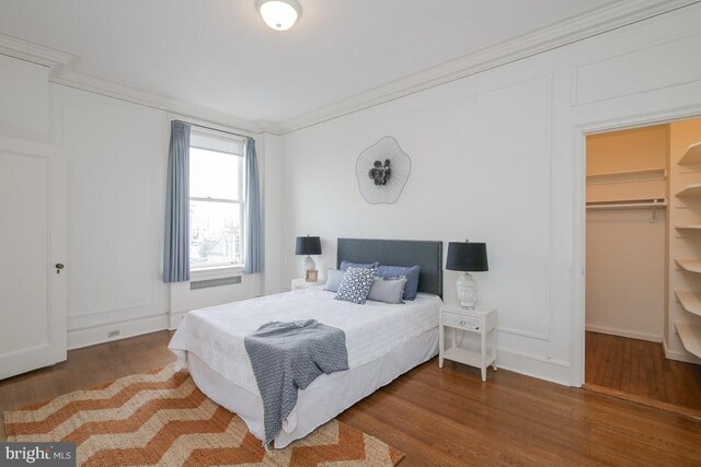 bedroom featuring a closet, ornamental molding, dark hardwood / wood-style floors, and a spacious closet