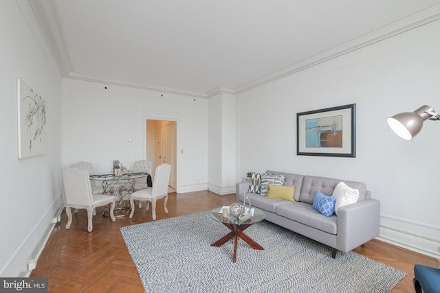 living room featuring crown molding and parquet floors