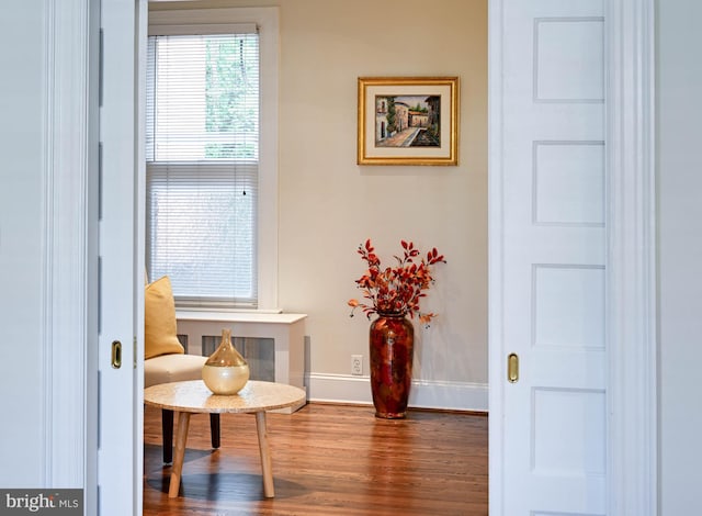 sitting room with dark hardwood / wood-style flooring