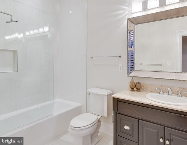 full bathroom with tile flooring, toilet, vanity, and bathtub / shower combination