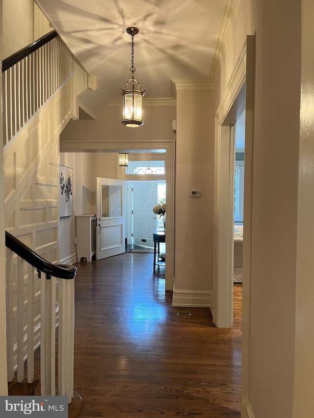 entrance foyer with dark hardwood / wood-style flooring, crown molding, and a chandelier