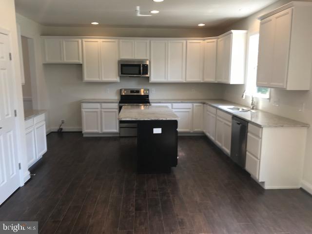 kitchen with a kitchen island, appliances with stainless steel finishes, dark hardwood / wood-style floors, and sink