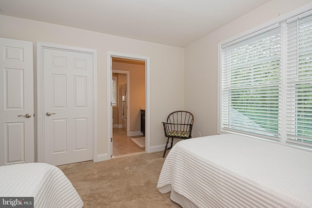 bedroom featuring light colored carpet