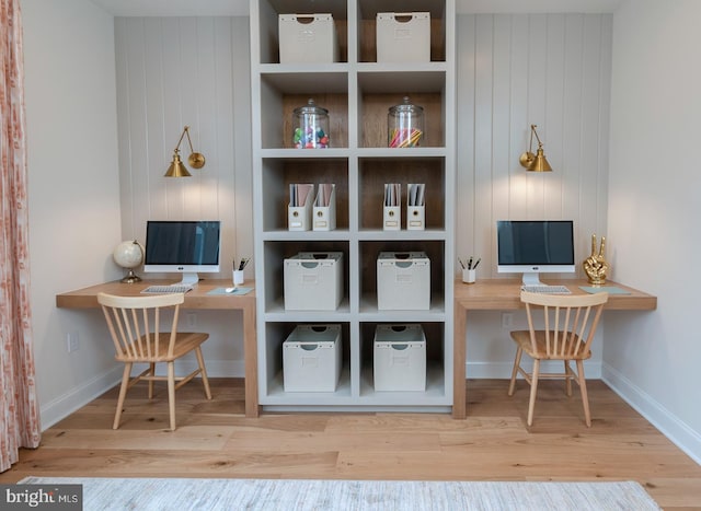 office with hardwood / wood-style floors and wooden walls