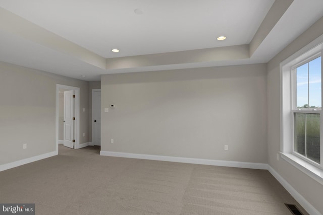 carpeted spare room with a tray ceiling