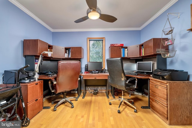 office area with ceiling fan, light hardwood / wood-style flooring, and ornamental molding