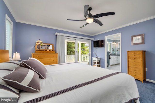 bedroom featuring ensuite bathroom, light carpet, ceiling fan, access to outside, and ornamental molding