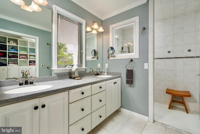 bathroom featuring dual vanity, tile flooring, and crown molding