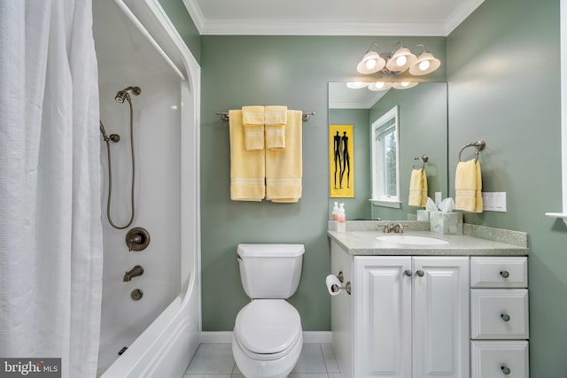 full bathroom with toilet, oversized vanity, ornamental molding, and tile floors