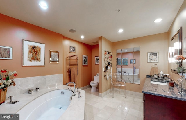 bathroom with a bathing tub, tile floors, toilet, and vanity