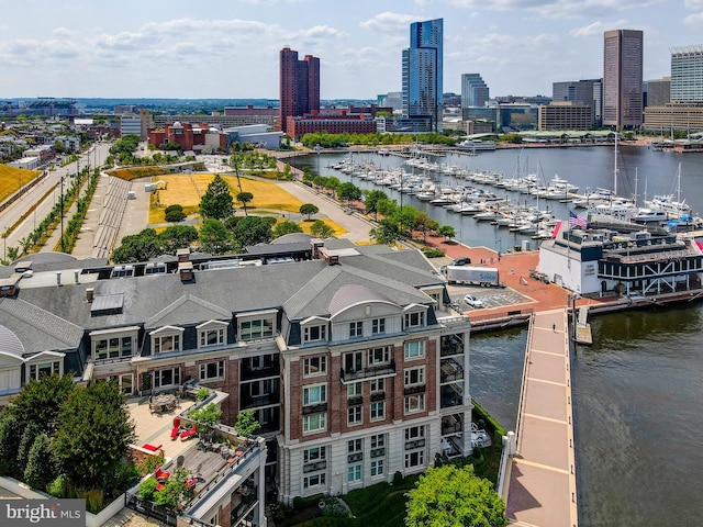 drone / aerial view with a water view