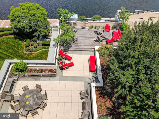 aerial view featuring a water view