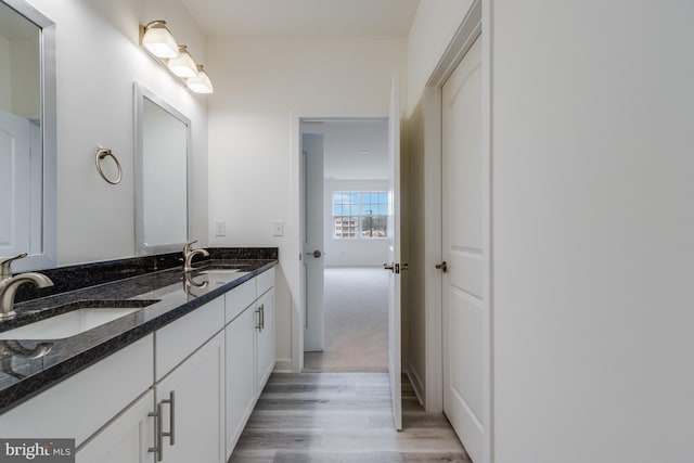 bathroom with hardwood / wood-style floors and vanity