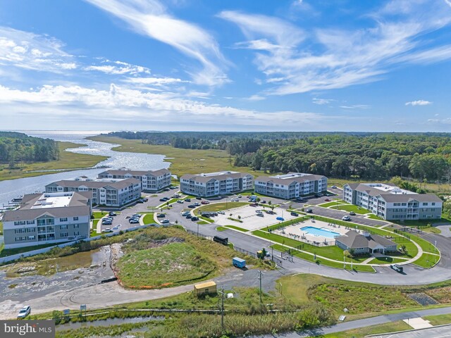 drone / aerial view featuring a water view