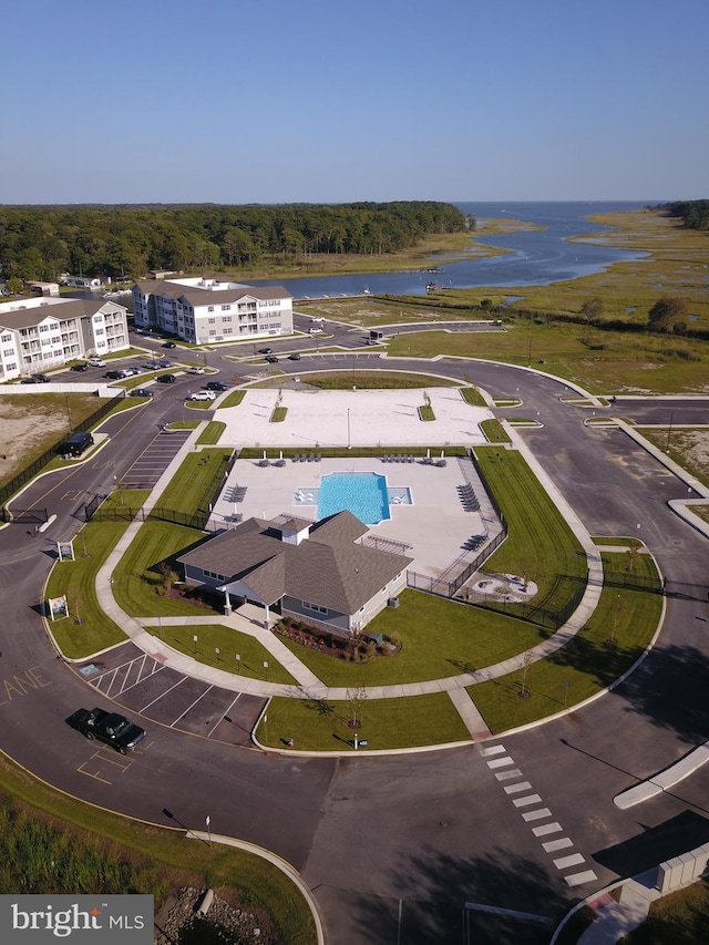 drone / aerial view featuring a water view