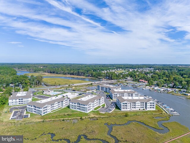 drone / aerial view with a water view