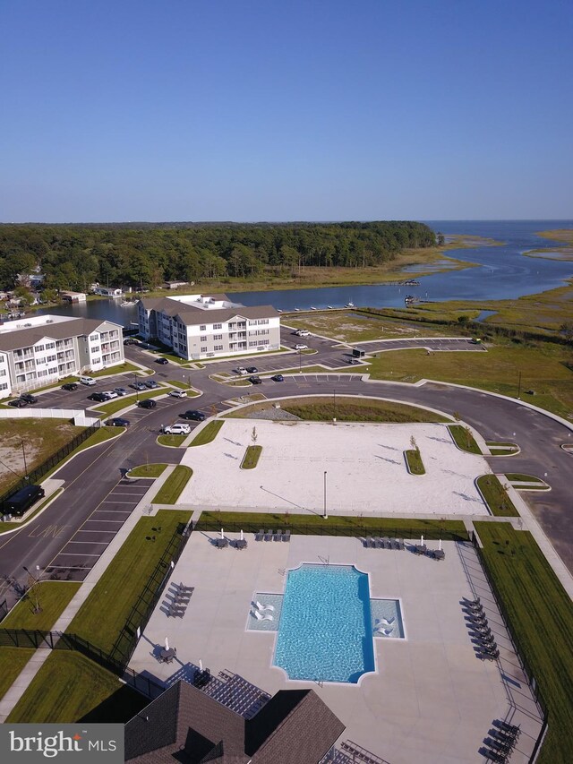 drone / aerial view featuring a water view