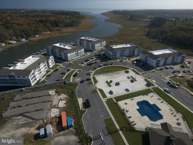 aerial view featuring a water view