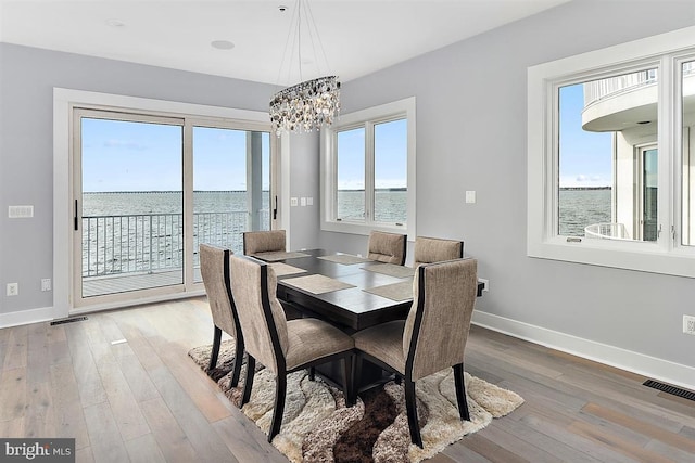 dining room featuring a water view, plenty of natural light, and hardwood / wood-style flooring