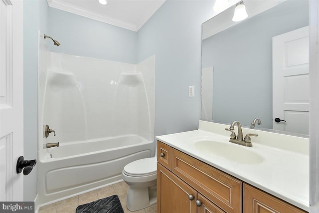 full bathroom featuring tile patterned floors, toilet, shower / tub combination, vanity, and ornamental molding