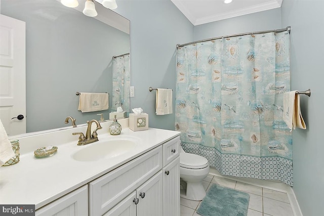 full bathroom featuring shower / tub combo, ornamental molding, vanity, tile patterned flooring, and toilet