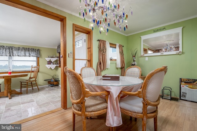 tiled dining area with crown molding