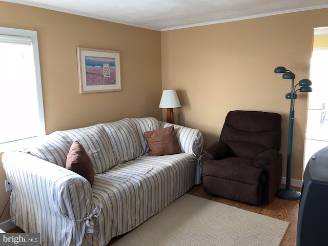 living room featuring light hardwood / wood-style flooring, ornamental molding, and plenty of natural light