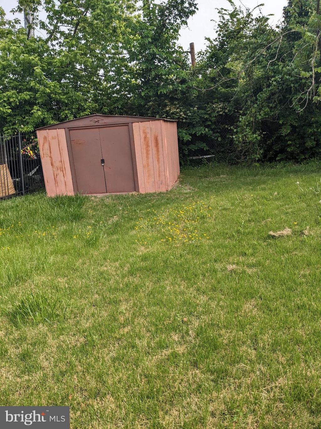 view of yard featuring a storage shed