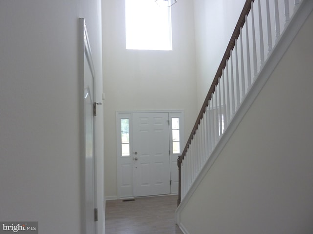 foyer entrance with light hardwood / wood-style flooring and a towering ceiling