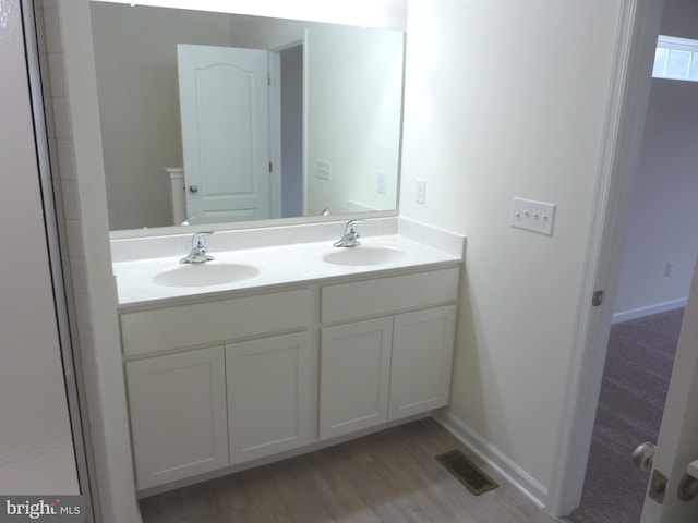 bathroom featuring dual vanity and wood-type flooring