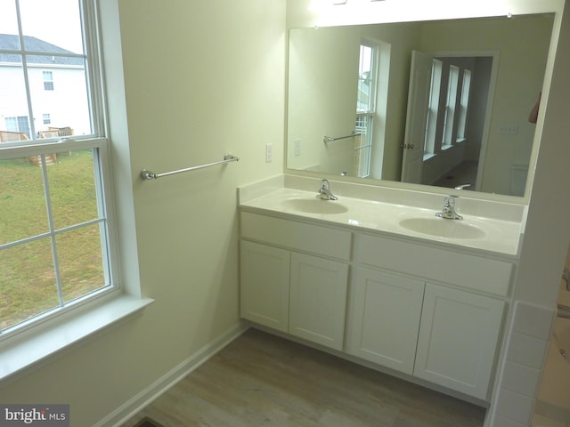 bathroom with dual bowl vanity and hardwood / wood-style flooring