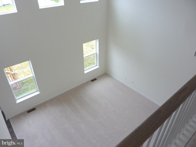 carpeted spare room featuring a towering ceiling