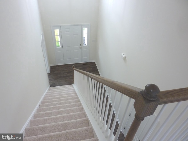 staircase with hardwood / wood-style flooring