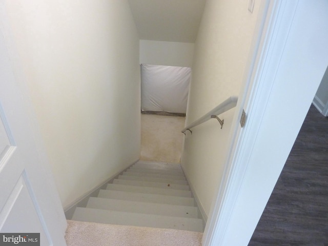 stairs with dark hardwood / wood-style floors