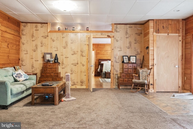 sitting room with light colored carpet and wooden walls