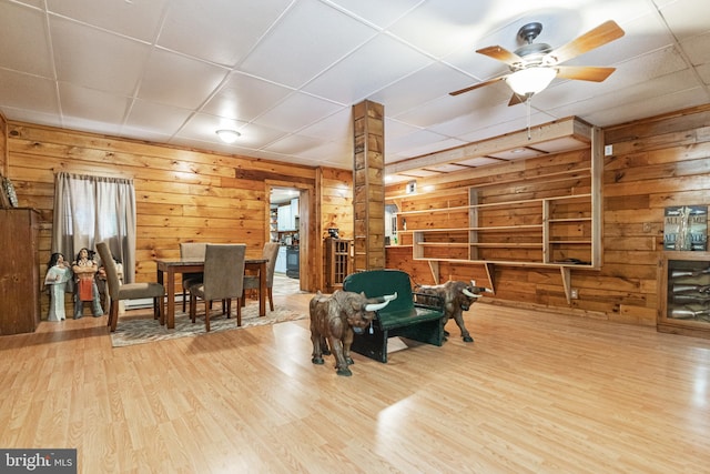 living room featuring ceiling fan, a paneled ceiling, light wood-type flooring, and wood walls