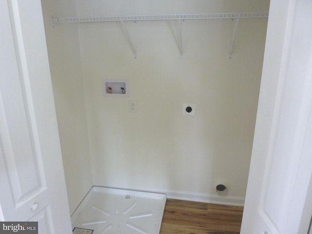 laundry area with electric dryer hookup, hardwood / wood-style floors, and washer hookup