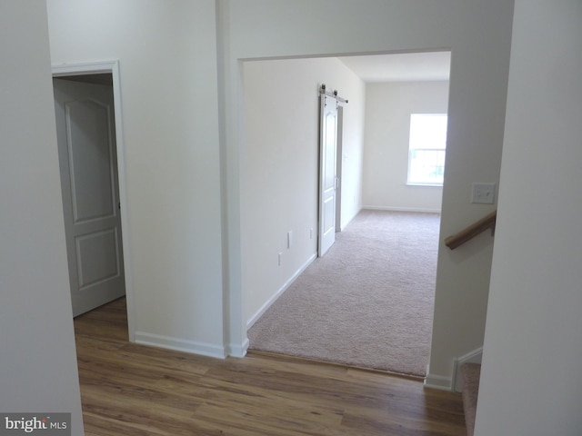 hall with a barn door and dark hardwood / wood-style flooring