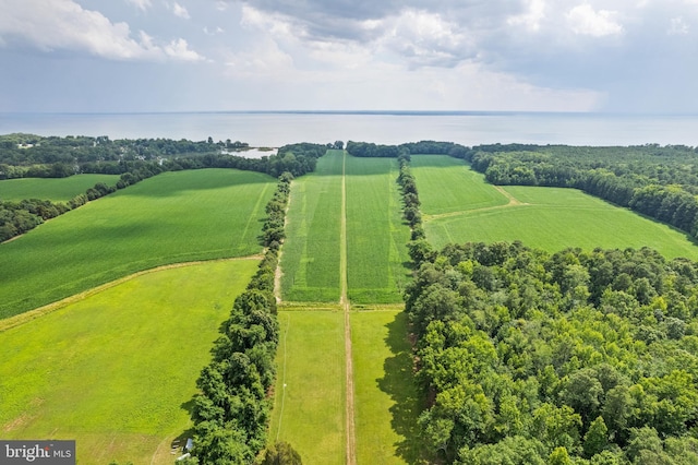 birds eye view of property with a water view and a rural view