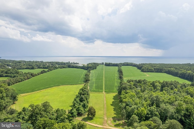 bird's eye view featuring a water view and a rural view